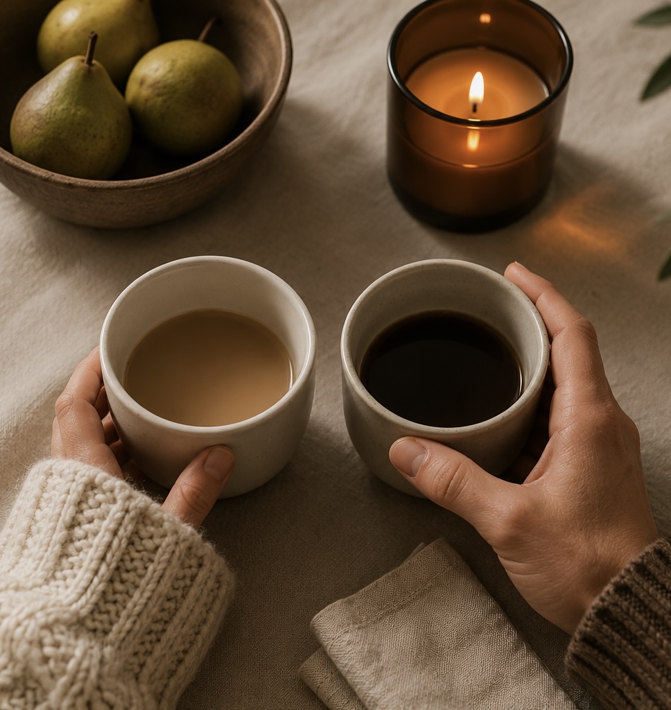 Två personer delar en kopp kaffe
